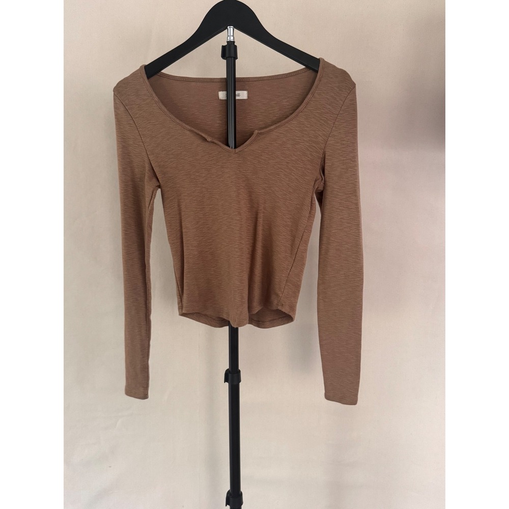 Madewell XS Brown Notch Neck Long Sleeve Stretch Top MSRP $42